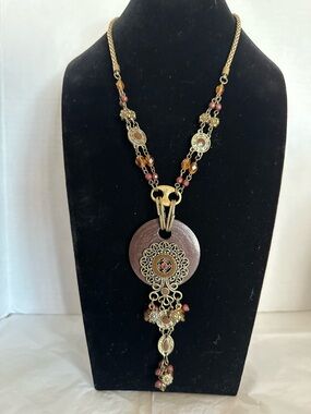 Vintage Bohemian Pendant Necklace Wood with Filigree and beadwork. Statement